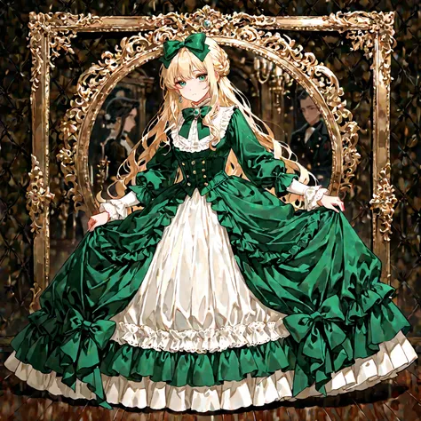 Alone, length_ sleeve,   dress , frilld, green_bow, frilld_ dress ,  Victorian 