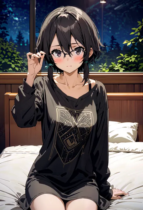 shino asada,  hair,  short hair,  Side Lock,Medium breast, black eyes, black hair ,Glasses,  Hair Ribbon ,oversized t-shirt, Long Sleeve,Black string underwear ,blush, beautiful night view with depth,forest, embarrassing, bed during lesbian play,whole body...