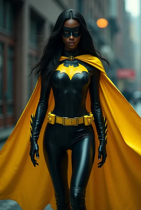 batgirl, dressed as tim drake robin, masked, black ethnicity, sexy, yellow cape, long straight hair