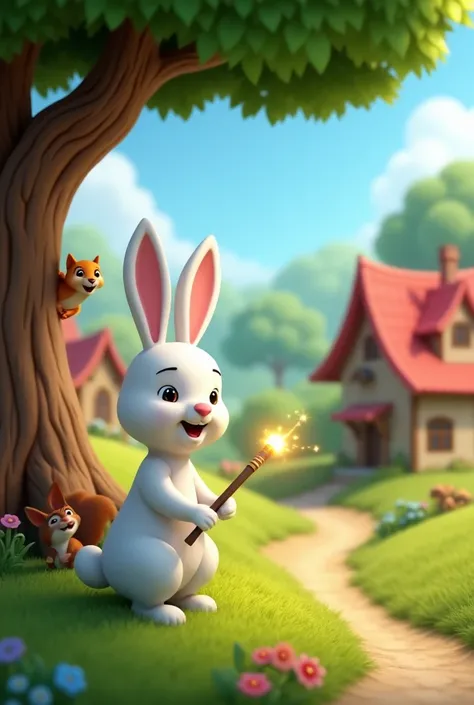 Scene 1: Introduction to Tinky and the Village

Prompt:
"A charming village surrounded by lush green fields, colorful flowers, and small, cozy houses with red rooftops. In the foreground, Tinky the white rabbit is sitting under a large tree, holding a glow...