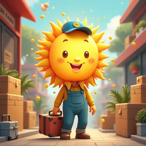 Characters with the face of the sun。 is cute 。I'm wearing a blue cap and work clothes。I have luggage。Delivery guy at a shipping company。