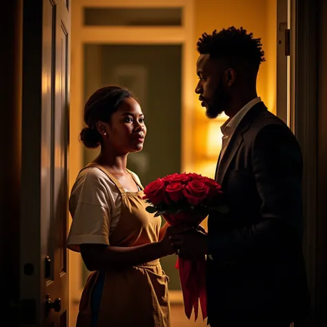 Make a real photo of an African woman wearing an apron and opening the door at night ,  met a handsome African man holding a gift of rose flowers to Love's employer that night