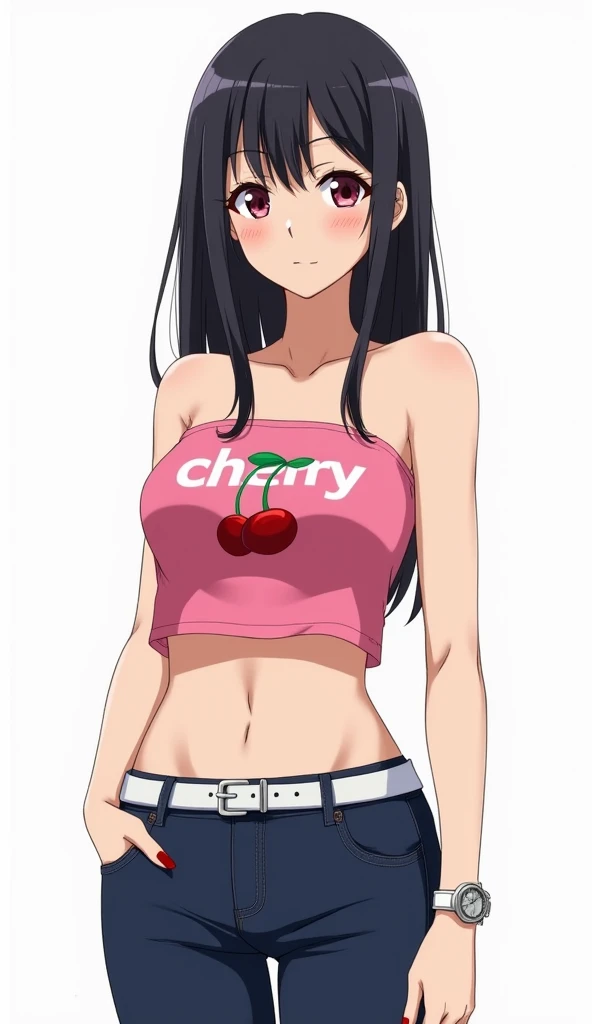 Japanese anime teenage woman with long straight black hair and intense magenta eyes and red nails and white watch and wears a pink crop top with the word "cherry" and a sleeveless and strapless cherry design on the front. He also wears tight dark blue jean...