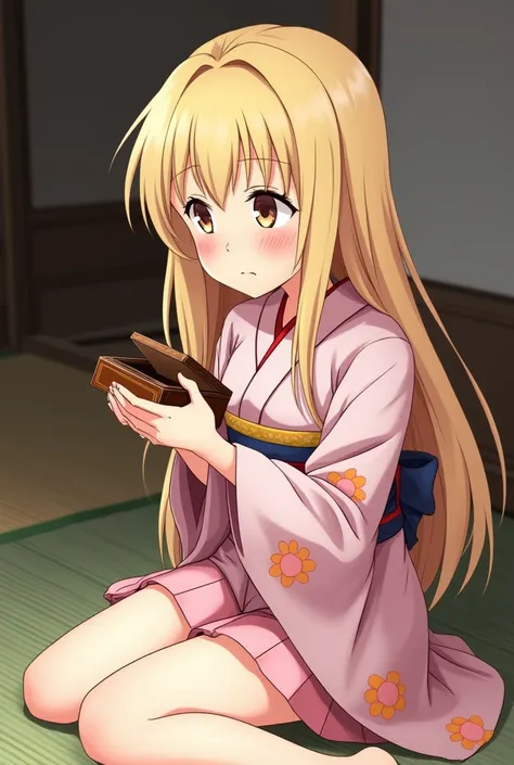 Image of an anime blonde girl aged , with long blond thin hair, long bangs, pink cheeks, with brown eyes that are thin like japanese people, wearing a short light pink yukata with flowers on it, looking sad while holding and looking at a small and old jewl...