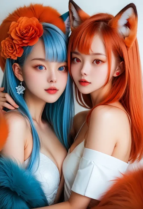 Two Girls in bid Sister 25 year old (Blue Hair /Blue Eye) (Fox ear/ Fox tail) and young sister 24 year old (Orange Hair /Red Eye) (Fox ear/ Fox tail) and foxgirl Studio Song Background 