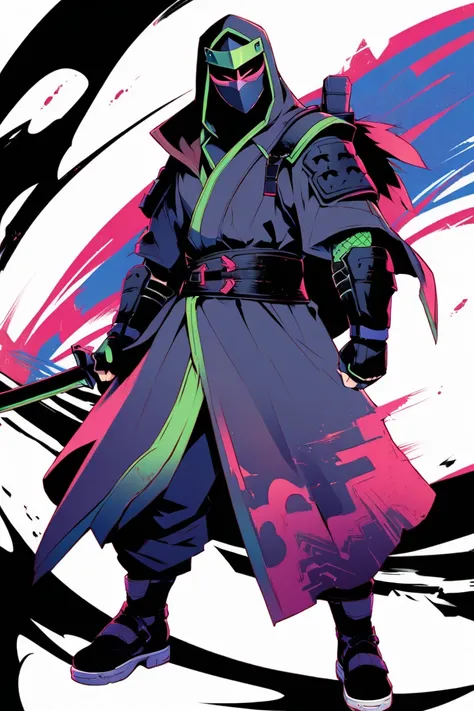  cyberpunk ninja action novel。solo ninja 。((white background illustration ))。(( full body illustration))。(( standing))。Ninja mask。 two-tone 。Knight-style ninja costume。