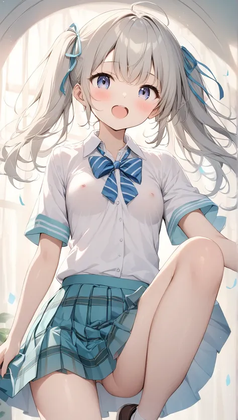   The use of pale lines and soft colors creates a dreamy effect., Fleeting Impressions.., one woman、School 、 is cute 、Female junior and senior high school students、 boobs、school uniform、( small nipples with 2 arms)、((Small breasts visible ))、I'm exercising...