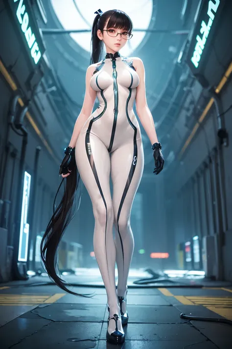 extremely sexy robot woman, futuristic, cyberpunk, Neon particles for the screen, Full body, Curved body, complicated 8k in dystopian environment, parade, white latex body suit,  very long smooth silken black hair, the hair is styled in a (very long strict...