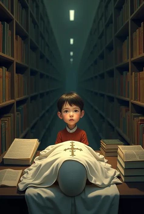 A  boy in a library who or there is a dead pope on his desk with sheets and books
