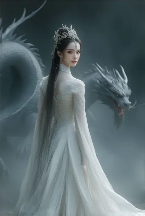  romantic mythical world 、 scene where they fight for life and death with dragons 、 beautiful face with well-groomed eyes and nose 、 beautiful woman standing 、 elegant costume inspired by Valkyries、fantastic crown 、 beautiful shield and spear with elegant ...