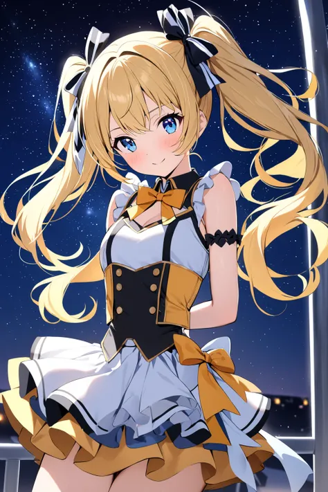 1girl, idol, twin tails, blonde hair, blue eyes, idol costume, hair bow, starry sky,masterpiece,arms behind back,