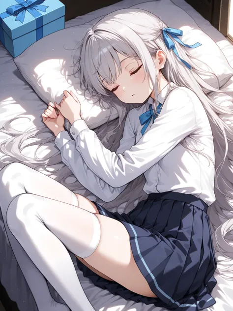 (masterpiece, best quality, extremely detailed), 
1girl, silver hair, very long hair, blue eyes, petite, white shirt, long sleeves, blue box pleated skirt, hair ribbon, white thighhighs, closed eyes, sleeping, sitting, dynamic pose, cinematic angle,