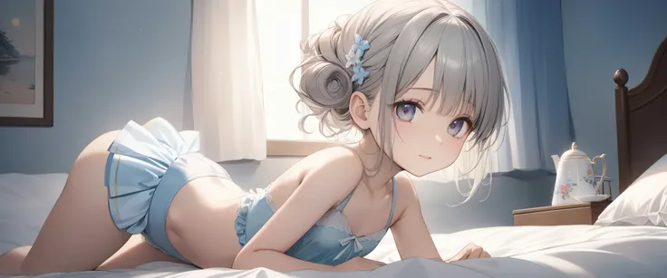 One, cutest girl、((7 heads))、(( accessories、 idol style uniform fashion ))、( tea hair、 light silver inner color hairstyle),  beautiful hair, Facial Contour, Remember,  hotel、 bed、moonlight、 splash with Nishimiya Sho,  lens flare,, Natural colors,  high res...