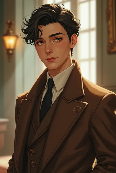 Create me a image of a 20’s men which wears Cashmere and have brown eyes. Anime style, oil paint