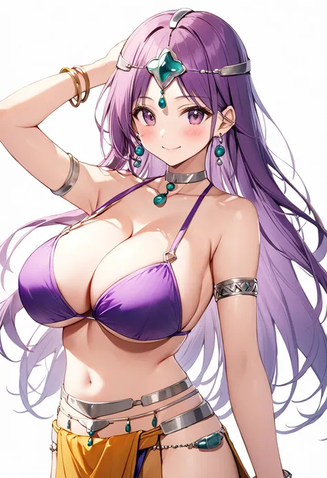 1 woman、solo、dqManya、White background、 cowboy shot、 purple hair、 bikini、 loincloth、 big breasts、 cleavage、Soft belly、 CIRCLET 、 earrings、 choker、 bracelet、 armlet、 Closed Mouth、smile、blush