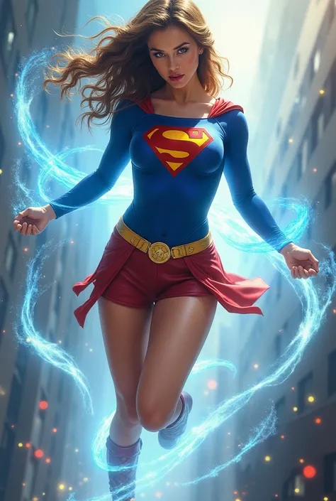 superheroine (((Superwoman ))), dressed in ((( blue Superman suit with the letter S on his chest ,  red short leather skirt ,  yellow metal belt )),  sexy painting Supergirl , hybrid Supergirl , in the style of Stephen Lau  ( Artgerm ), Julie Bell, Beeple,...