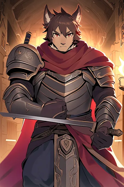 masterpiece, Fantasy theme , Hero、male、 brown hair 、Sharp Eyes、 Rugged Expression, very manly、 looking at the camera、 he's wearing full plate armor、 has a red cloak on his back 、He's holding a sword 、 Inside the Dungeon、Boss Room 、dim、Torches on the wall ,...