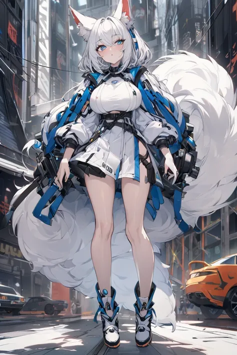 score_9,score_8_up,score_7_up,score_6_up,score_5_up,score_4_up, 1girl, (best quality),pale skin, white hair,elongated bob hairstyle, ice-blue eyes,big fluffy fox ears, pale thin lips, short silverquine dress,eyeliner, perfect tall body, big breasts, full b...