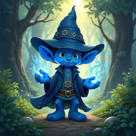 Make me a witch smurf in 2D and he is alone with a forest in the background