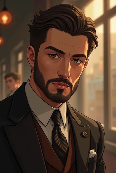 Create me a image of a 20’s men which wears Cashmere and have brown eyes and has a little beard. Anime style, oil paint