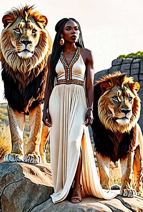 Black woman braided dressed in loose long dress standing on a rock with a lion standing next to her 