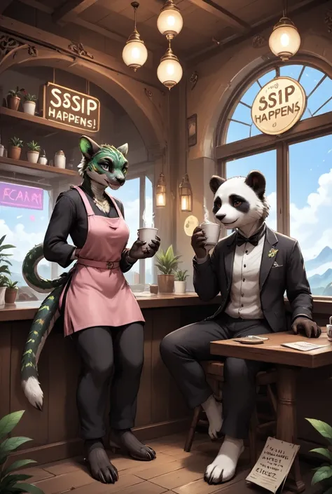 furry art, anime digital art, Stationary Background
A quirky serpent café in the clouds. Scene with two characters. A friendly (((naga male barista))) with neon-green spiraled eyes, wearing a tiny pink apron, coils around a coffee counter, serving steaming...