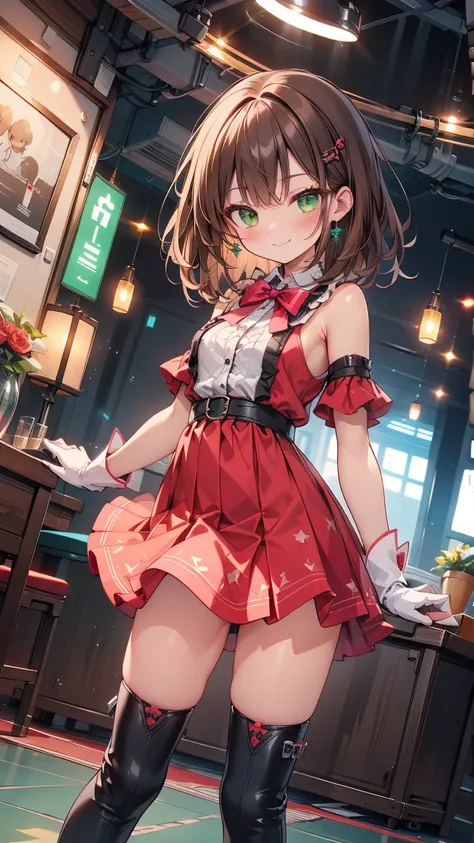 12K, pink dress in hand ,  white long gloves  ,thigh_ boots,  embarrassing ,Idol,  low rise panties  ,,masterpiece, Noise Reduction , perfect anatomy, high resolution,  very detailed, game cg, Dutch angle , Attention to Beautiful Details, visual art, Five ...