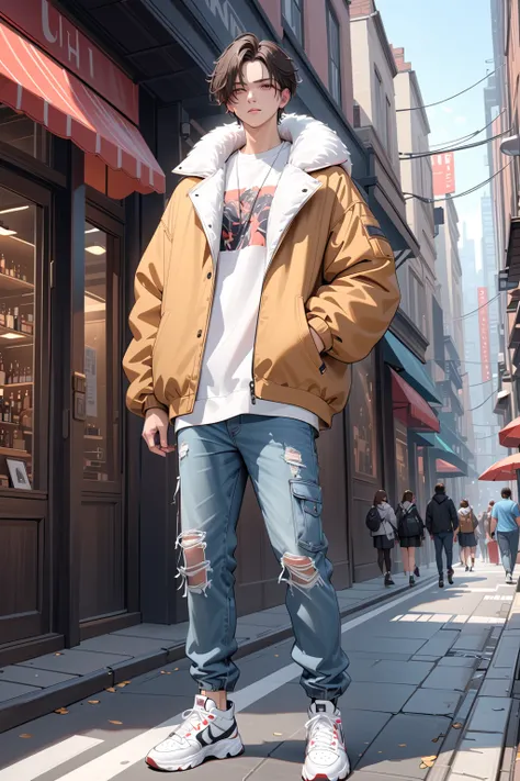 (masterpiece, best quality:1.5), (ultra detailed, high resolution, 8k, beautiful detailed, UHD, best anatomy), Two-Block Hair, 1 boy, Urban Street Style, Oversized khaki sweatshirt, distressed denim pants, sneakers, cream boa jacket, full body shot