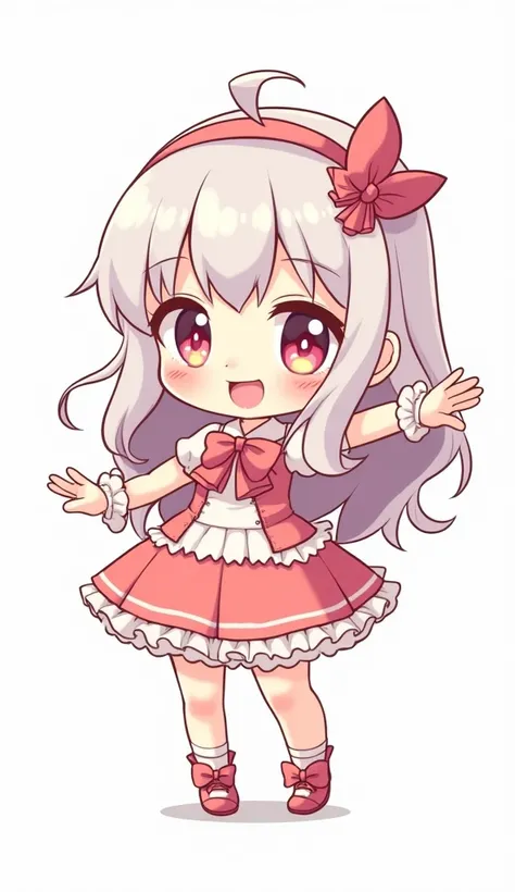 

"A chibi-style girl standing in a playful 'T-pose' on a white background. She has large, sparkling eyes, a rounded face with a cute smile, and exaggerated proportions typical of chibi art. Her outfit is stylish and charming, featuring playful elements li...