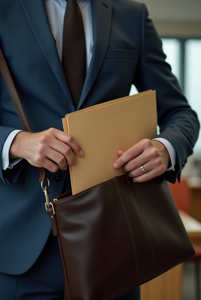 Create a video of a person taking a folder out of a bag