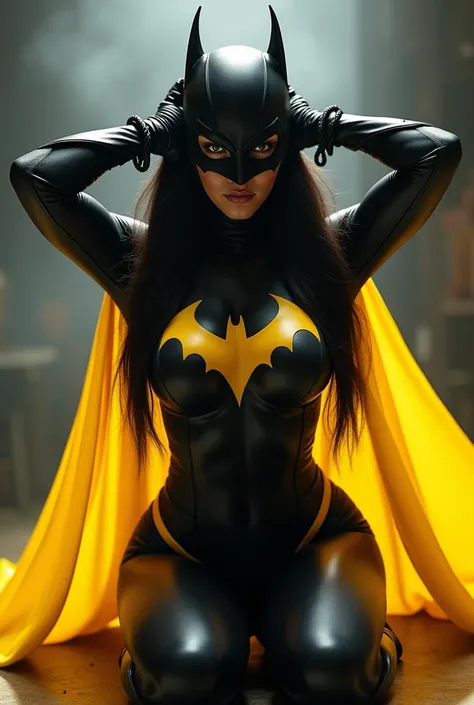 batgirl, masked, black ethnicity, sexy, yellow cape, long straight hair, on knees, hands above head tied