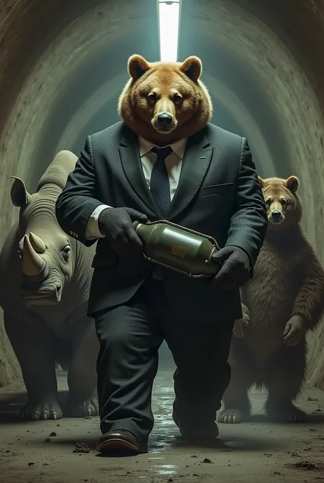 Create a picture for me with a really big bear in a suit holding a bomb next to him is a  really big rhino with a suit holding a bomb and on the other side of the bear is a weasel with a suit all in a tunnel all big and scary