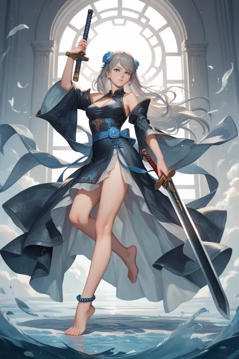 Lady of the ninth heaven, full body, chinese mythology, barefoot, bead anklets, wielding black sword, detailed art, grey hair, long ponytaik, grey blue eyes