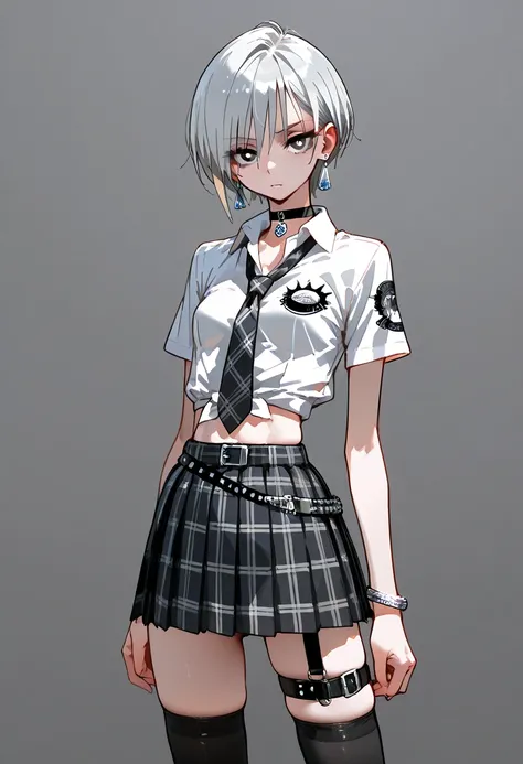  high resolution, best quality, white short sleeve cutter shirt, human girl with gray eyes and white pupils,Skinny girl , small tits, small breasts, punk fashionのベルト, silver hair short hair , Grey and White Plaid Pleated Mini Skirt, high school uniform ,Am...