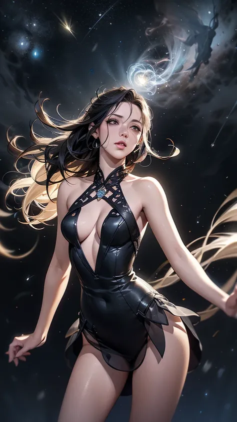  (In Greek mythology, Ancient Greek, ((Nyx is the goddess and personification of the night)) ), (mysterious smoke is Interweave her body, smoke ), Solo, seductive goddess , concept art, official art,cowboy shot, front view, feature focus, extremely masterp...