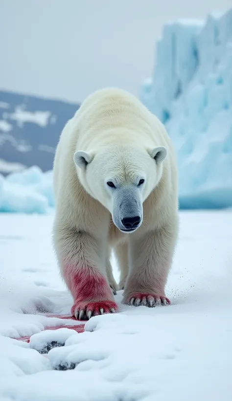 A polar bear limping because of his injured paw  which is bleeding 