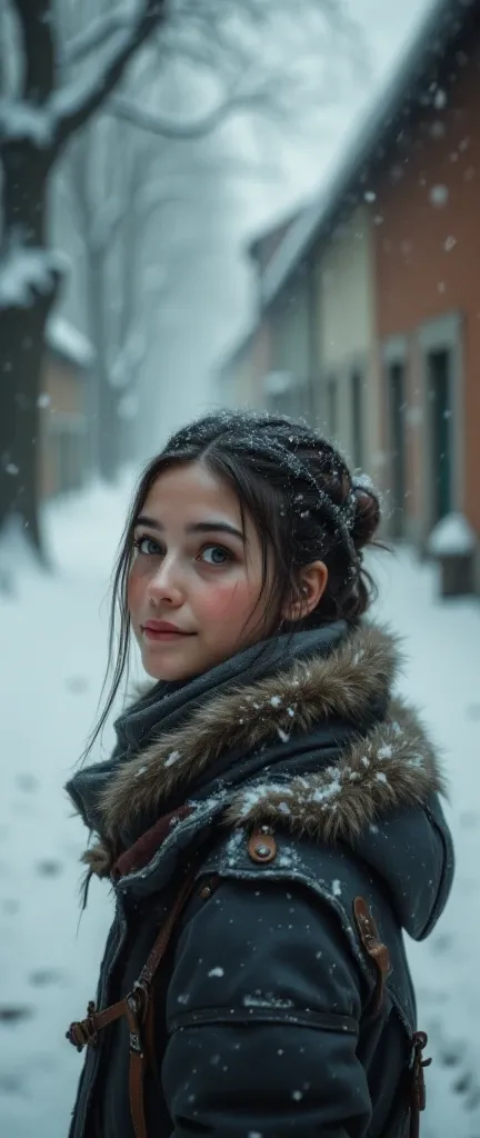 1 girl, European, ,big blue eyes, dark hair winter (upper body close-up), a girl walks down a long alley with trees. The girl's body is shot from the side (the head is turned towards the viewer). winter atmosphere, ((snow falls in flakes)), snowdrifts, fog...