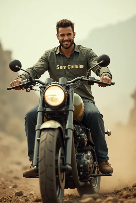 A man in an ashen shirt and the shirt reads SAM CELLULAR, The guy is riding a huge motorcycle he smiles at the camera