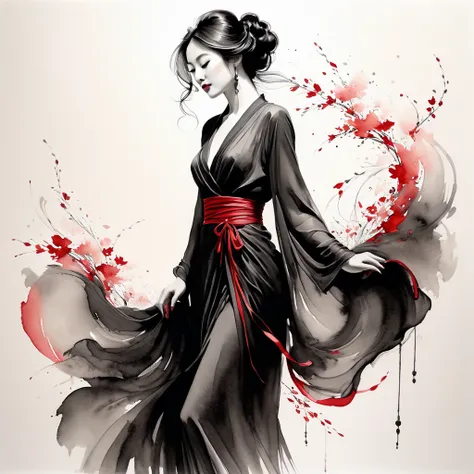 Elegant Maiden，black and white ink painting，pen sketch drawing，Loose brushstrokes，Pen outlines delicate lines，flowing action，Subtle ink tones，elegant posture，A peaceful expression，Delicate facial features，black and white，clean, little red color.