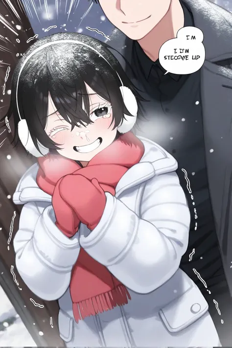  holding arms with a man、 are in estrus、Snow in your hair、snow on coat 、 muffler on my face that holds my ears、Frozen hair 、 clenching my teeth、 long black hair、Earmuffs、Add surprising lines、I'm wearing a 、 is astonished、 breathing out 、 is wearing a hood、...