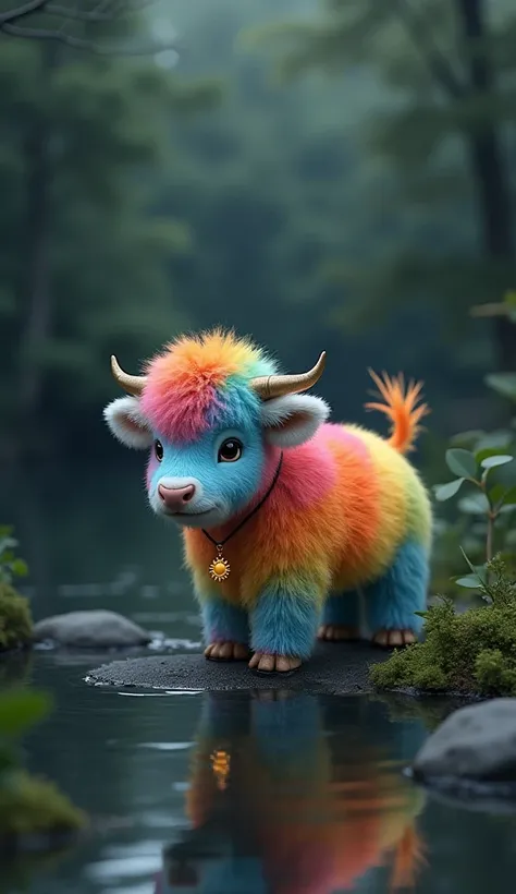 Little cow with fur in the colors of the rainbow, The little cow is wearing a necklace with a sun pendant in a dark lake setting