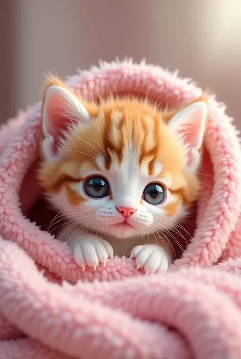 A close-up of an adorable kitten with fluffy fur, featuring a soft orange and white coat. The kitten has large, shiny blue eyes and small, pink ears with white fur accents. Its tiny pink nose and delicate features give it an irresistibly cute expression. T...