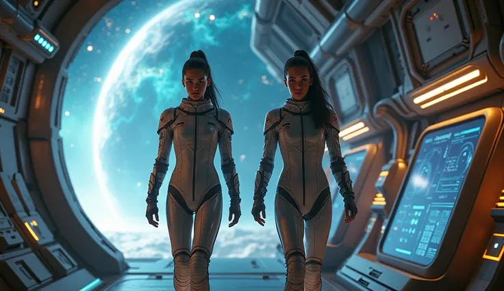 Two female astronauts in sleek, form-fitting futuristic space suits, no helmets, exploring the interior of a large spaceship, surrounded by glowing control panels and holographic displays, a vast galaxy visible through the spaceship's massive observation w...