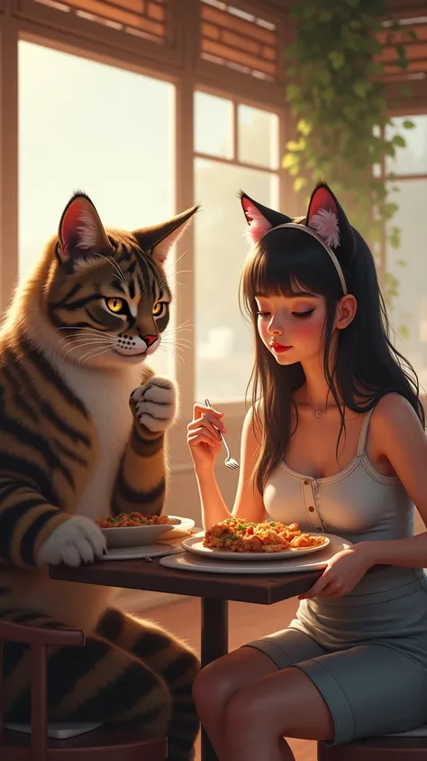 A couple of human girls eat in a restaurant. One of the girls is dressed completely as a cat , His costume is extremely real . He wears fashion accessories .  The other girl is a beautiful and human woman. She's not in disguise. sunny day