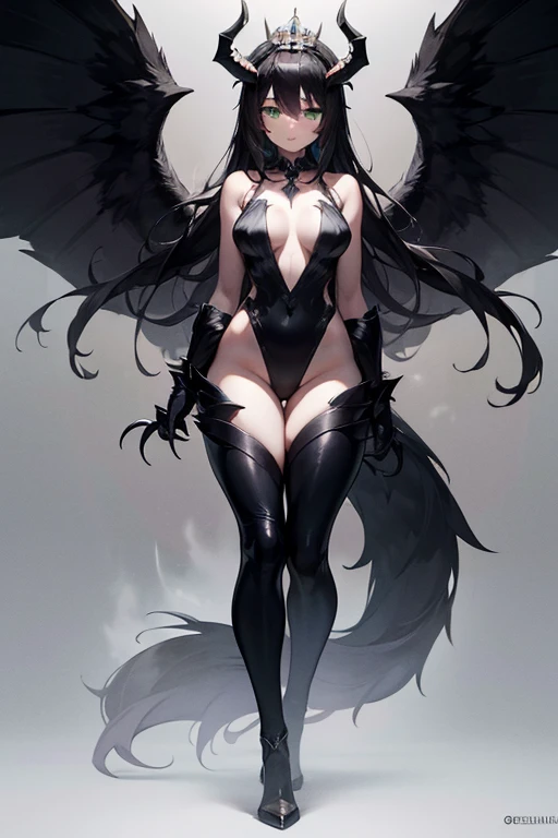  girl:  shoulder length black hair ,  pale skin,  bright green eyes with a vertical pupil , arms and legs with imposing claws are made of ominous black mist, , while the legs are deformed and look like the hind legs of a predatory animal ,  three pairs of ...