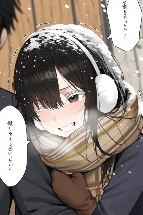  holding arms with a man、 are in estrus、Snow in your hair、 muffler on my face that holds my ears、Frozen hair 、 clenching my teeth、 long black hair、Earmuffs、Add surprising lines、I'm wearing a 、 is astonished、 breathing out 、 hiding their faces with their ha...