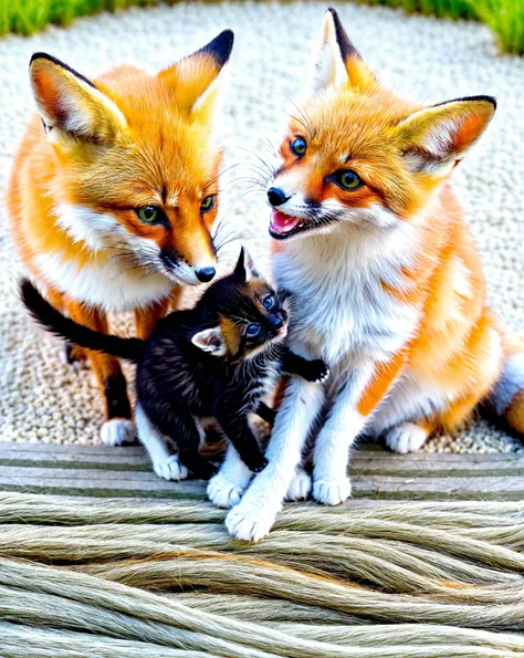 Baby Foxとkittenが仲良く戯れあっています。Playing together、 cute、kitten、Baby Fox、