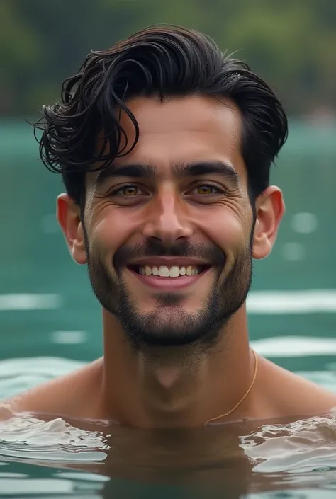 a very handsome man of 27 years, He has short black hair backwards,  have yellow eyes , He doesn&#39;t have a beard, It has a square jaw, he is smiling, A very handsome 27-year-old man is in a lake , Realistic Art 