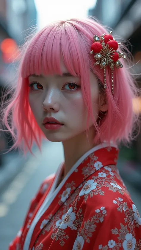 , pink hair,  bean cut,  hair hair ornament,kimono, red eyes, city, film grain,8K RAW photo ,  photorealistic ,  hyperrealistic , high resolution,  high resolution, cuttlefish_ style