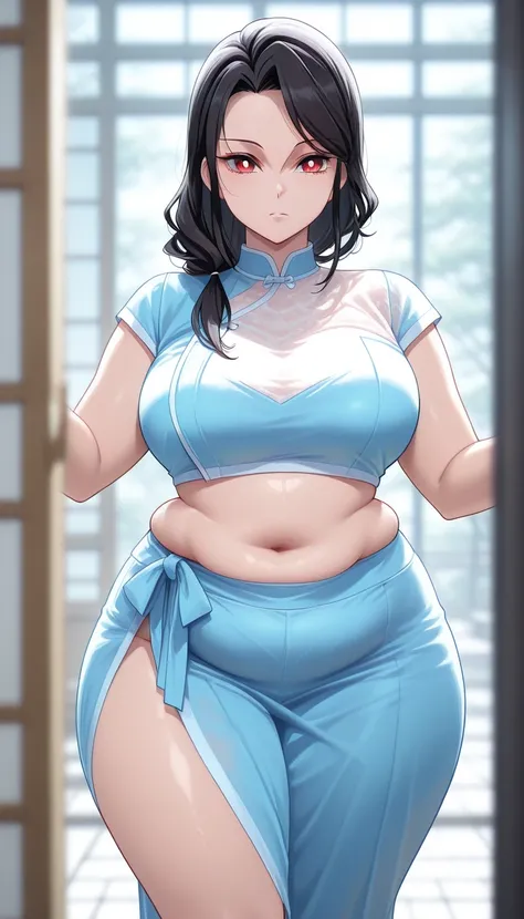 ((best quality)), ((masterpiece)), (detailed), ruka rengoku ,  hot and sexy  woman  having massive boobies and thick thighs, voluptuous figure, belly folds, chubby body, black hair, red eyes, looking at viewer, light barley falling on the body  , no expres...